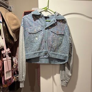 Dance & Marvel cropped sequin/sweater jean jacket- size M